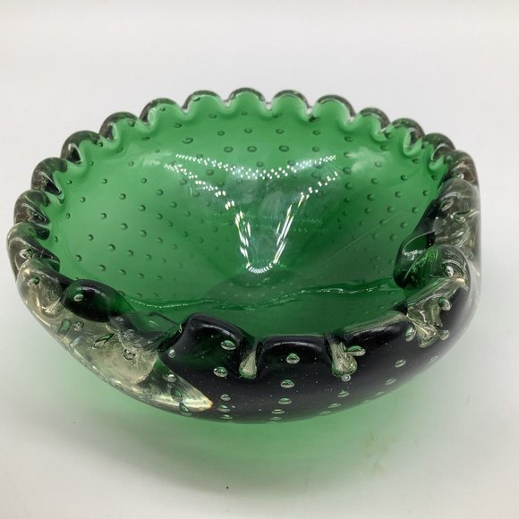 Murano MCM Handblown Bullicante Emerald Green Glass Ashtray/Bowl - Picture 6 of 12